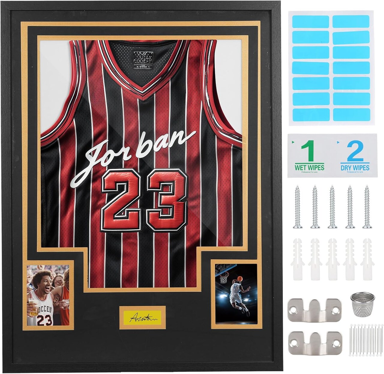 Custom Jersey Display Frame – DIY Wall-Mount Shadow Box with Photo & Signature Slots, Two-Color Mat, Hardware Included, Personalized Sports Memorabilia Frame